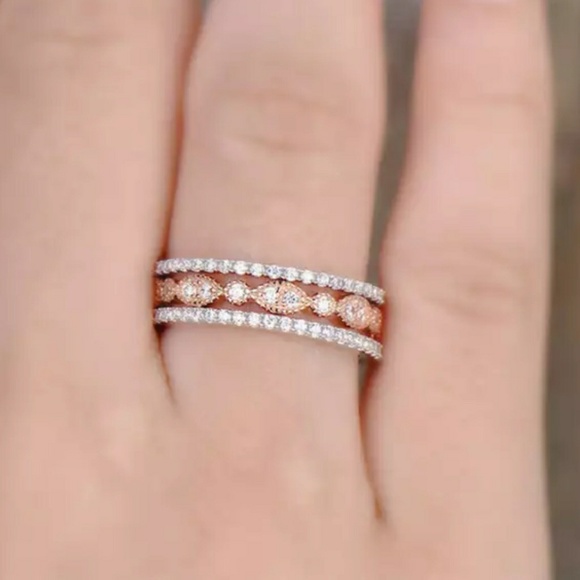 Rose Gold Silver 3 Ring Eternity wedding Bands - Picture 3 of 5